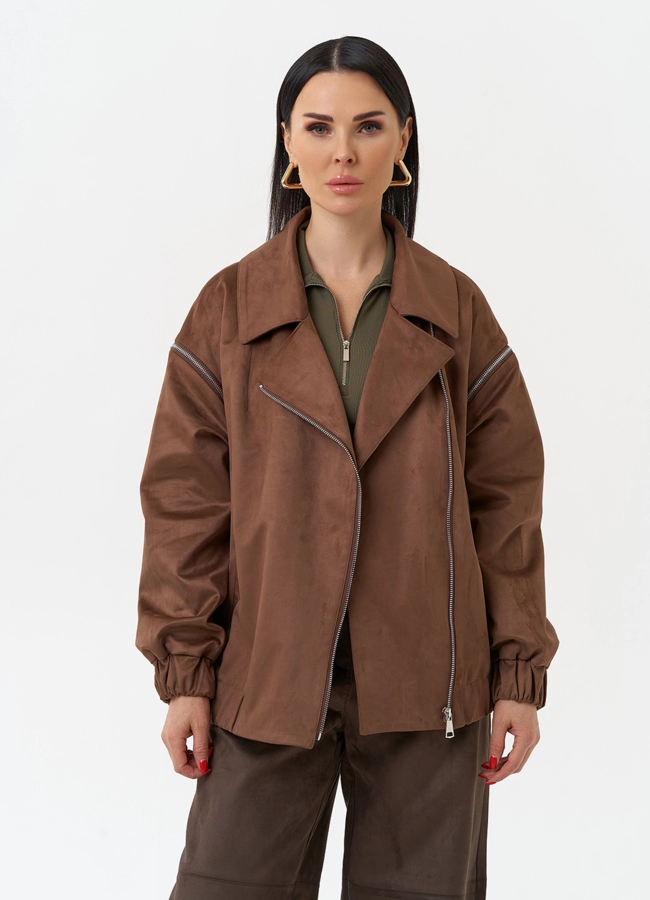 Куртка бомбер из эко замши со съемными рукавами модель № 30057 меха малина