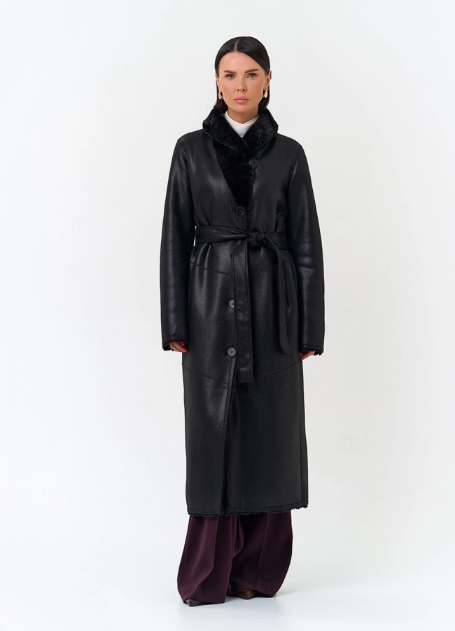 Женская удлиненная дубленка из эко замши модель № 33919 меха малина