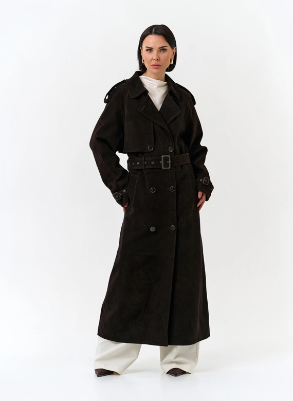 Женский длинный плащ из натуральной замши