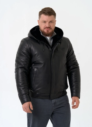Мужской пуховик из натуральной кожи с капюшоном фото