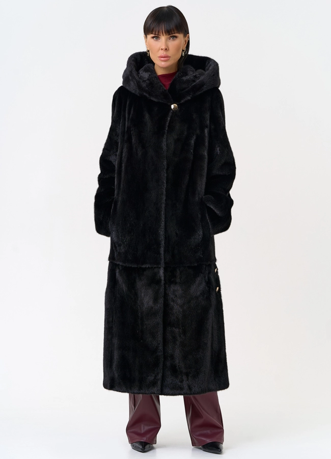 Женская шуба из скандинавской норки с капюшоном модель № 31635 универмаг малина